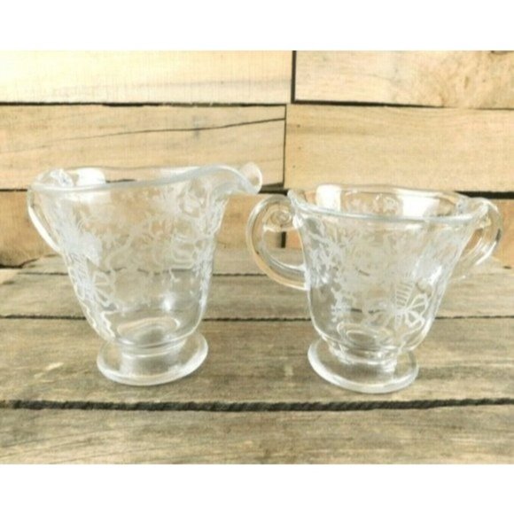 Fostoria Accents Vintage Fostoria Etched Glass Sugar Bowl And Creamer Floral Bouquet Design